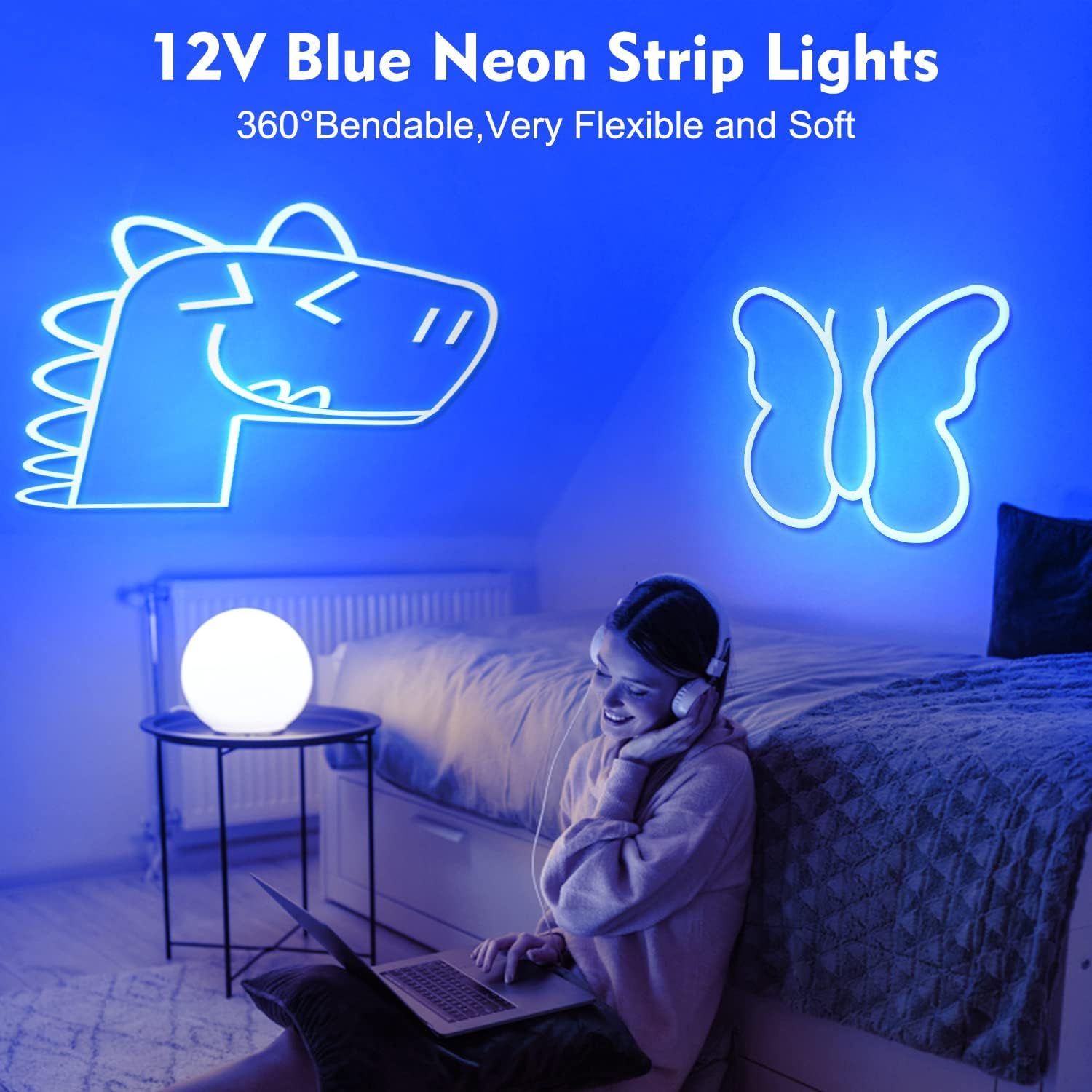 iCreating Tira de luces LED de neón de 32.8 pies, color azul, luces LED de neón flexibles de 12 V para interiores y exteriores, tira de luz LED