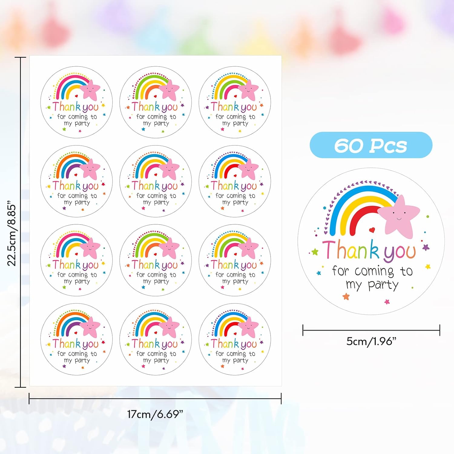 jijAcraft 60 calcomanías de agradecimiento redondas de 2 pulgadas en 6 diseños, calcomanías de agradecimiento personalizadas con estrella arcoíris