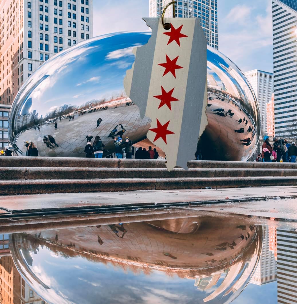 Adorno de Navidad de Chicago de madera con forma de Illinois, decoración de recuerdo de la bandera de la ciudad hecha a mano con gancho de metal
