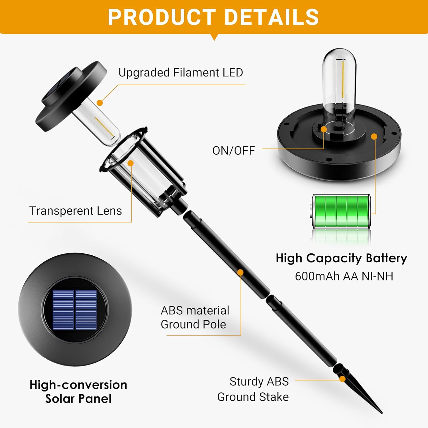 SUNCKET Luces solares de jardín, luces solares brillantes para exteriores, paquete de 6 unidades, IP65, impermeables, encendidoapagado automático,