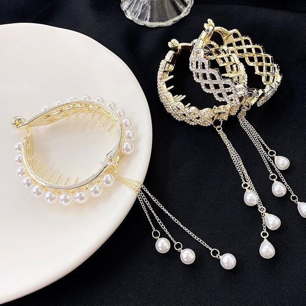 3 pinzas para el cabello con borlas y diamantes de imitación de perlas, pasadores de pelo de metal francés, soporte para moño, cola de caballo alta,