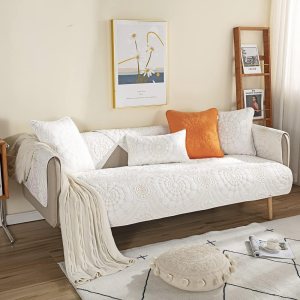 Funda acolchada de algodón para sofá modular, diseño bohemio con círculo, bordado, color sólido, antideslizante, protector de muebles para perros, Funda acolchada de algodón para sofá modular, diseño bohemio con círculo, bordado, color sólido, antideslizante, protector de muebles para perros,