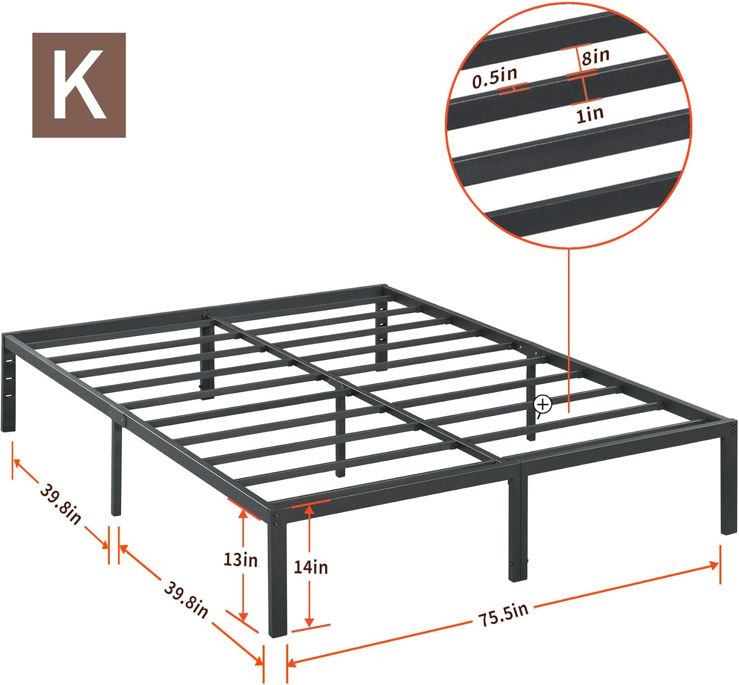 PrimaSleep Marco de cama de metal resistente de 14 pulgadas, antideslizante, cómodo marco de cama, sin ruido, fácil de montar, negro, tamaño King