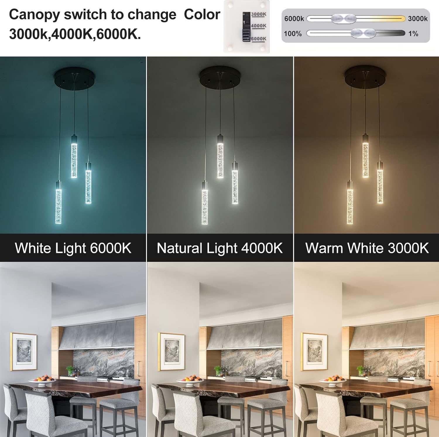 Iluminación colgante de 3 luces para isla de cocina, interruptor de dosel, luz colgante de color chaneagle, 3000K, 4000K, 6000K, iluminación