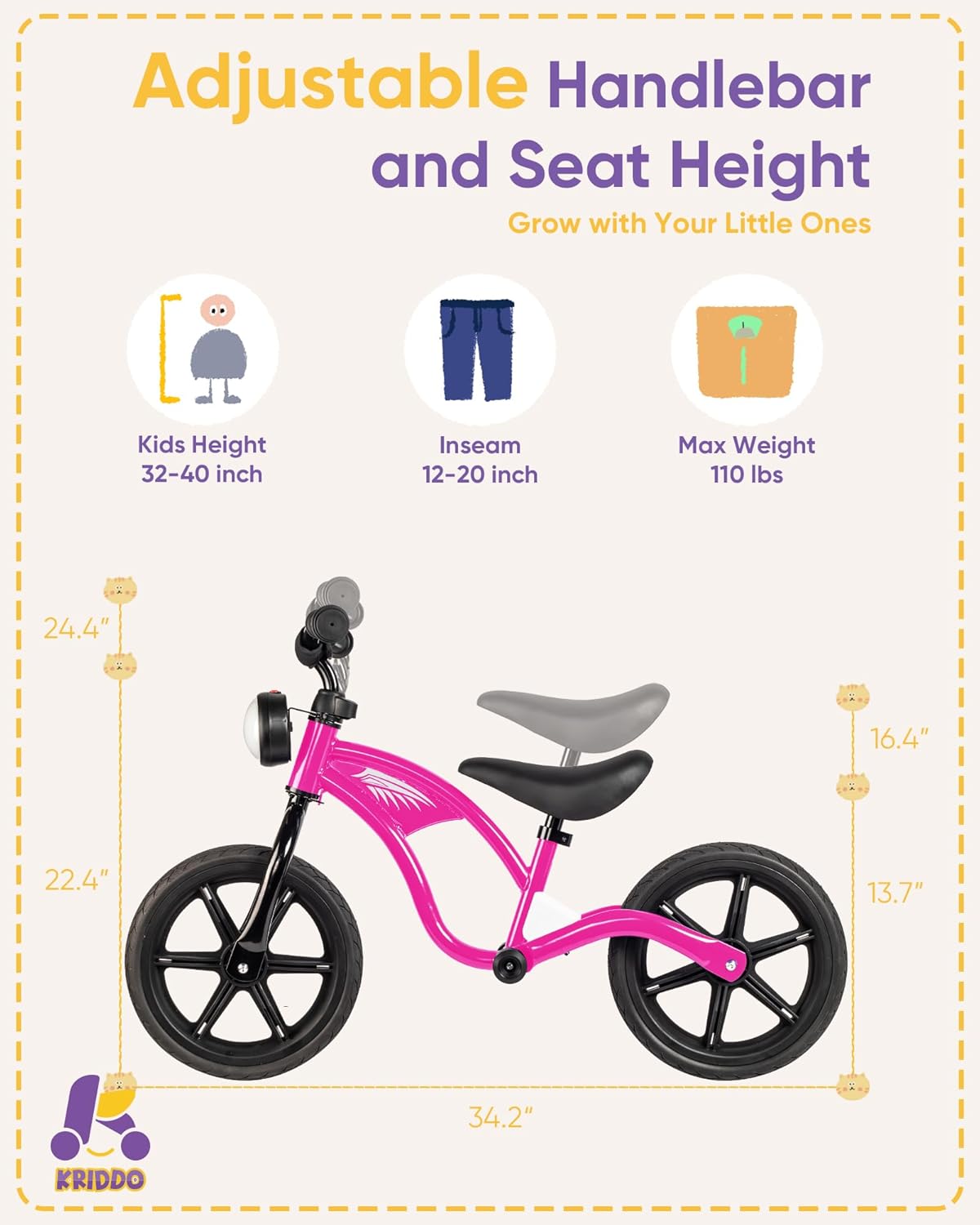 KRIDDO Bicicleta de equilibrio para niños de 2 años, de 24 meses a 5 años, luz delantera, rueda de goma, bicicleta de regalo para niños y niñas de 2