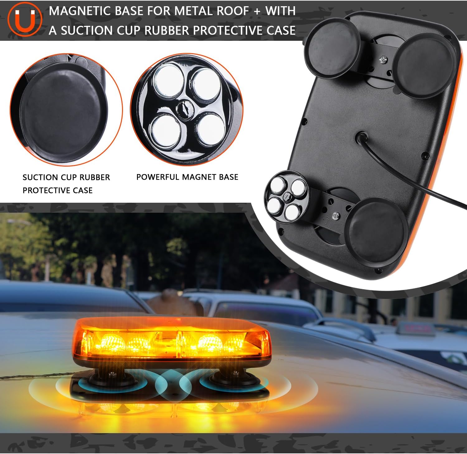 RONSTA Luces estroboscópicas LED de emergencia en el techo, 12V-24V ámbar 48 luces LED intermitentes de seguridad con magnético y cable recto de 16