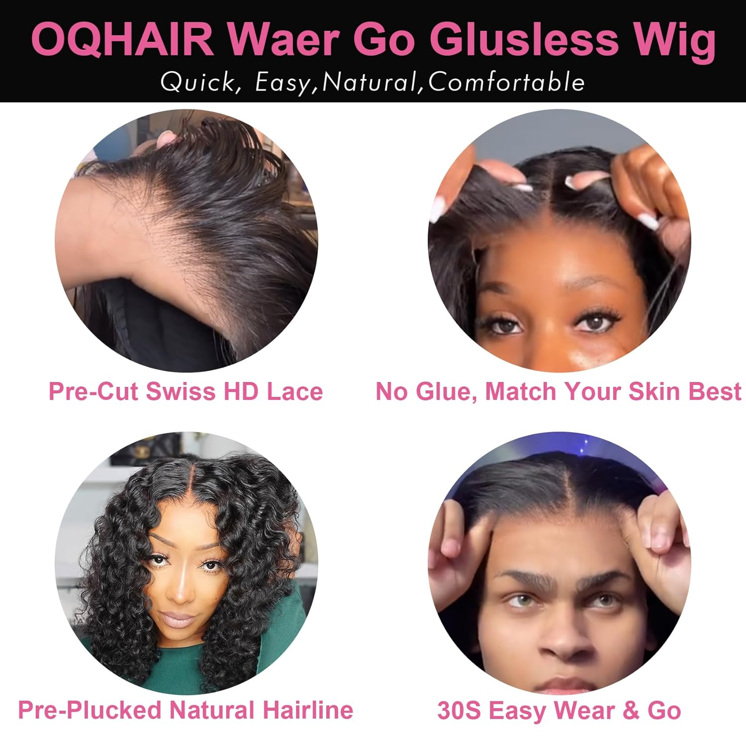 ORIGINAL QUEEN Wear and Go – Pelucas de cabello humano sin pegamento, peluca de cabello humano prearrancado con ondas de agua, pelucas de cabello