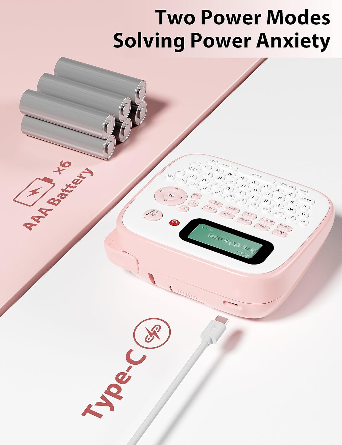 Etiquetadora D210S rosa, etiquetadora de teclado QWERTY, cortador integrado, dos modos de fuente de alimentación