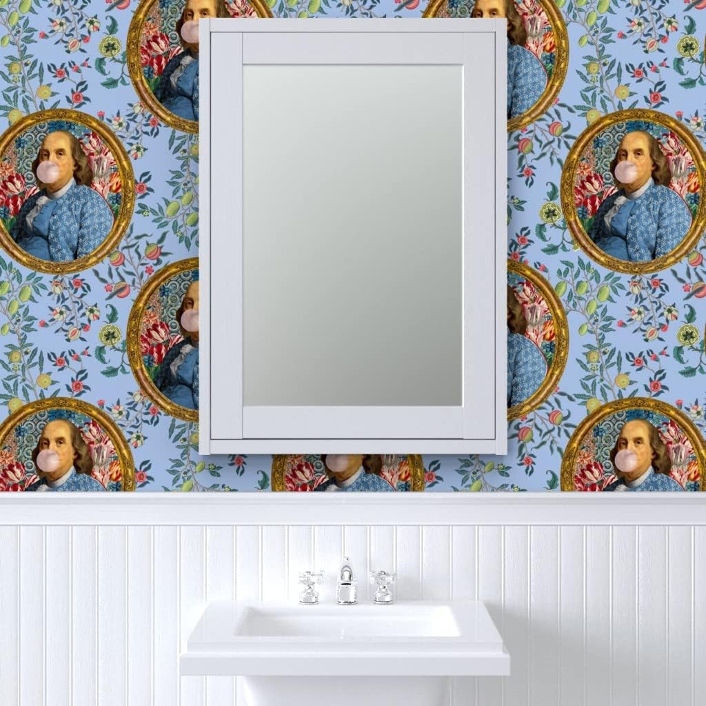 Spoonflower Papel tapiz extraíble de 12 x 2 pies  Benjamin Franklin Bubblegum Retrato Floral Estampado Azul Novedad Papel pintado personalizado