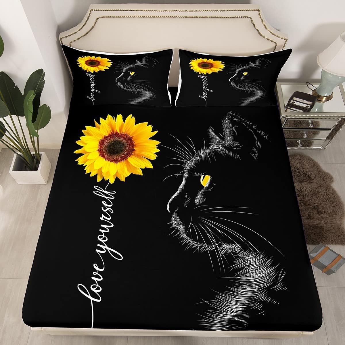 Manfei Juego de sábanas bajeras de tamaño individual con diseño de gatos y girasoles rústicos, diseño de plantas románticas y florales botánicas