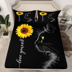 Manfei Juego de sábanas bajeras de tamaño individual con diseño de gatos y girasoles rústicos, diseño de plantas románticas y florales botánicas Manfei Juego de sábanas bajeras de tamaño individual con diseño de gatos y girasoles rústicos, diseño de plantas románticas y florales botánicas