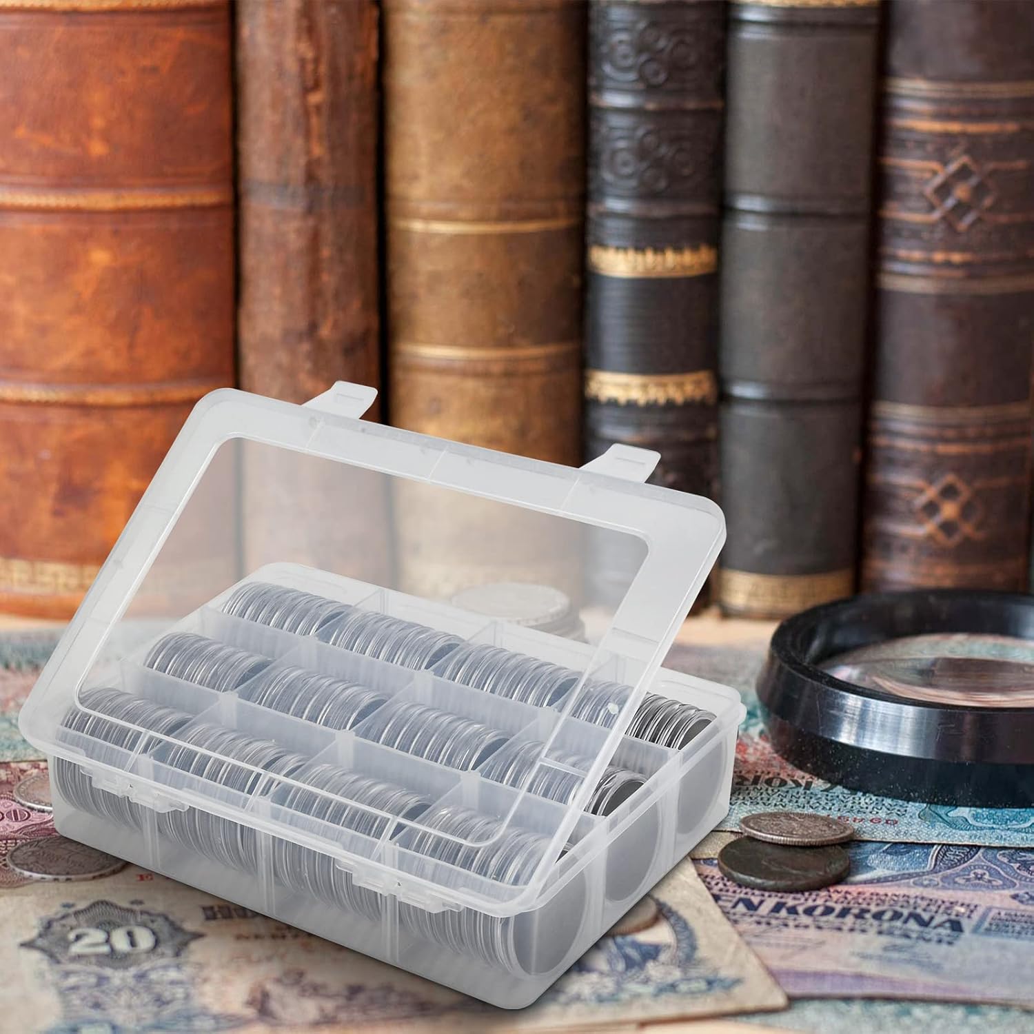 84 cápsulas de monedas de 1.811 in, con junta de espuma y caja organizadora de almacenamiento de plástico, estuche coleccionista de monedas para