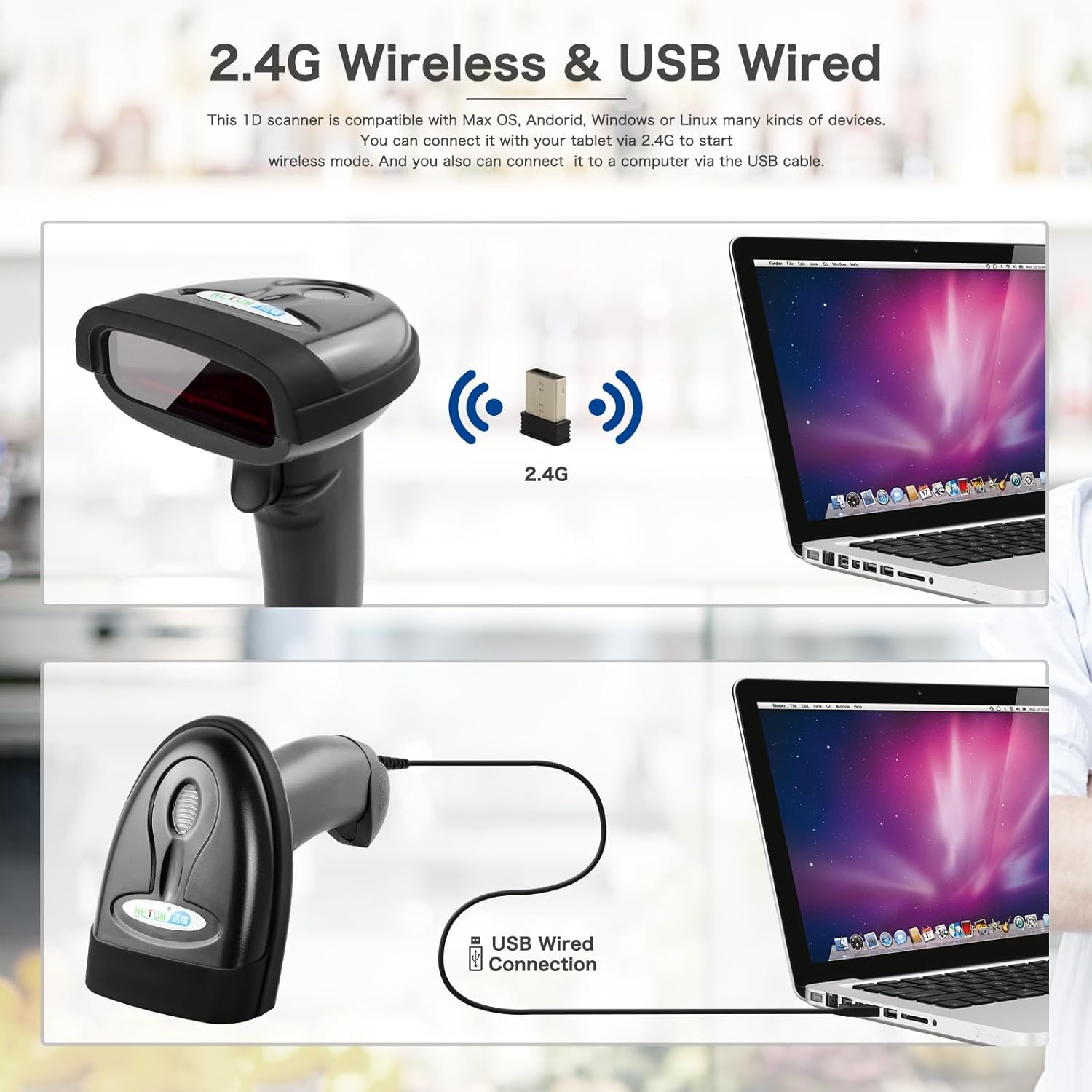 NETUM Escáner de código de barras inalámbrico, 2 en 1 2.4G inalámbrico y USB con cable 1D, lector de código de barras de mano, lector de código de