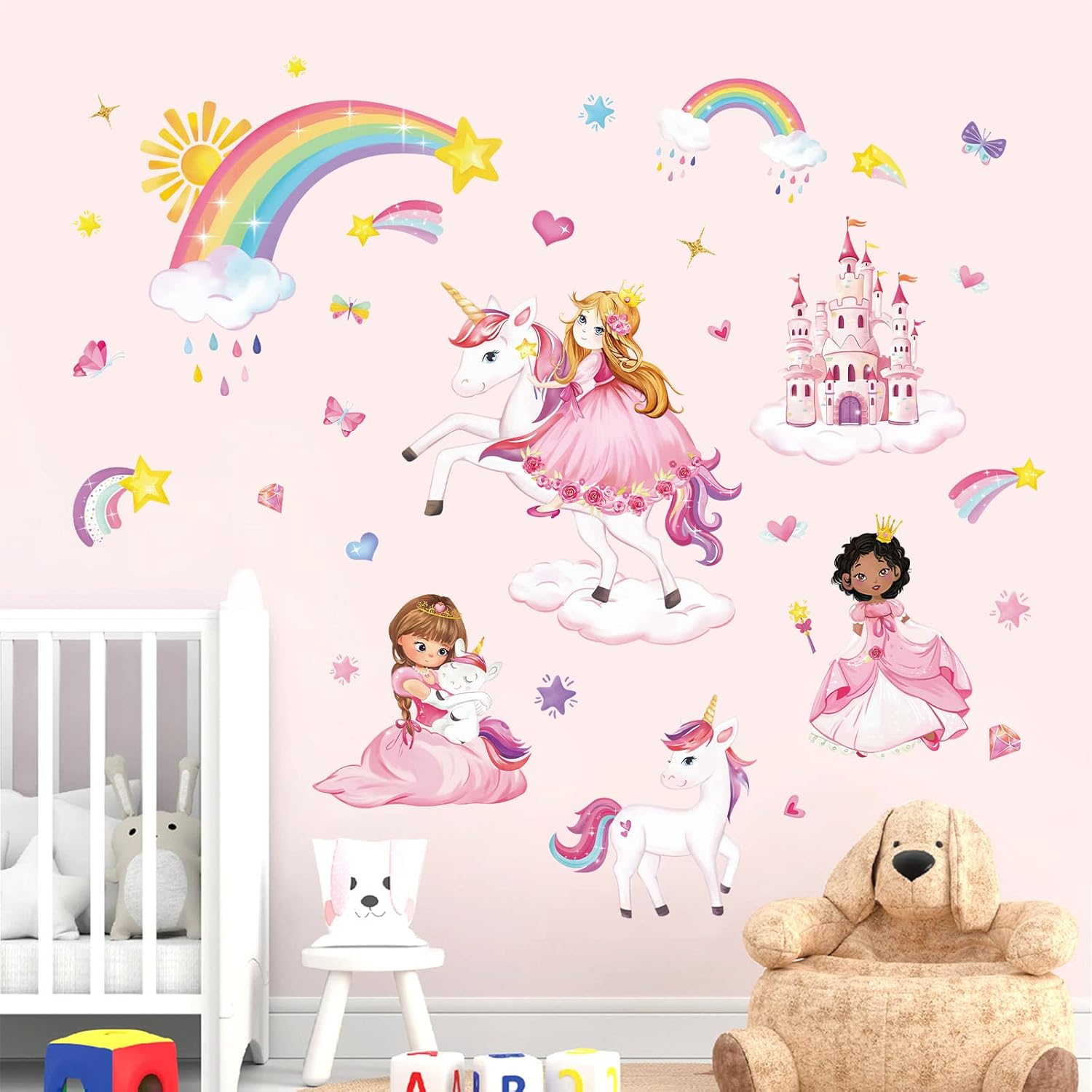 wondever Calcomanías de pared de unicornio de princesa, castillo, arco iris, calcomanías de arte de pared para dormitorio de niñas, habitación de
