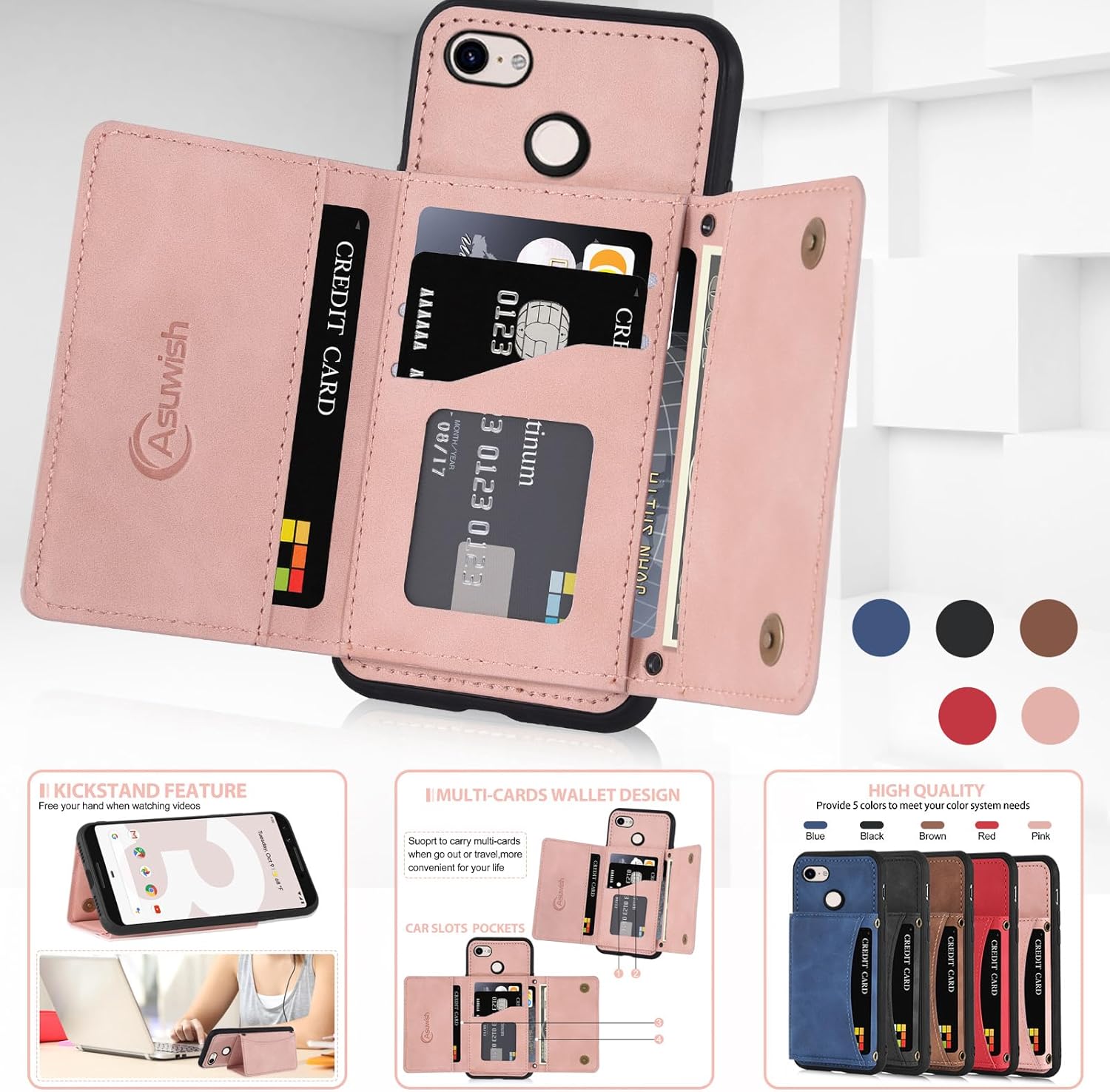 Asuwish Funda de teléfono para Google Pixel 3 XL con protector de pantalla de vidrio templado y soporte de tarjeta de crédito de piel sintética,