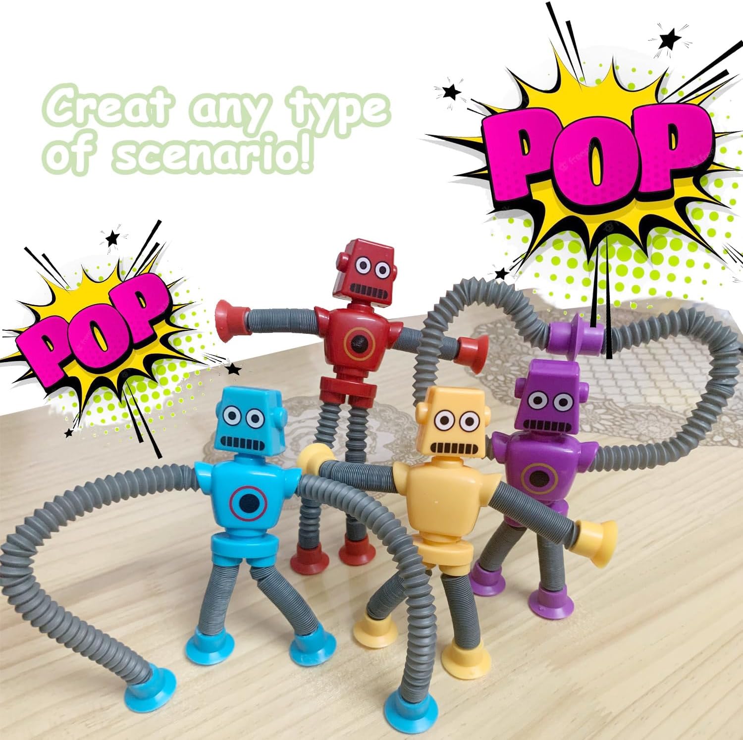 Whongkidz Juguetes robóticos de tubos para reventar, 4 paquetes telescópicos de ventosa robótica, juguetes sensoriales para autismo para niños y