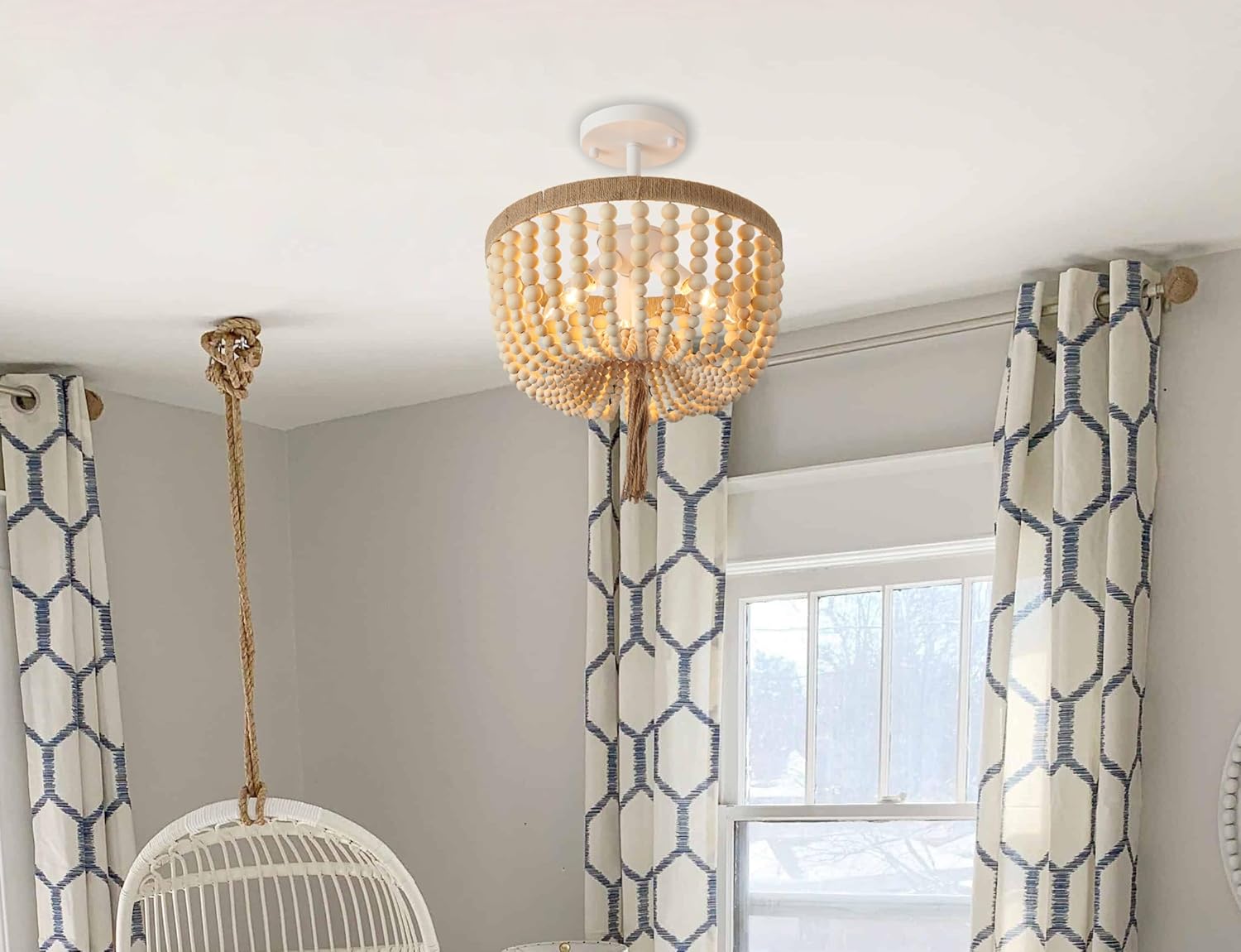 Candelabro de montaje semi empotrado con cuentas de madera, pequeña lámpara de granja, iluminación de 3 luces, lámparas boho para techo