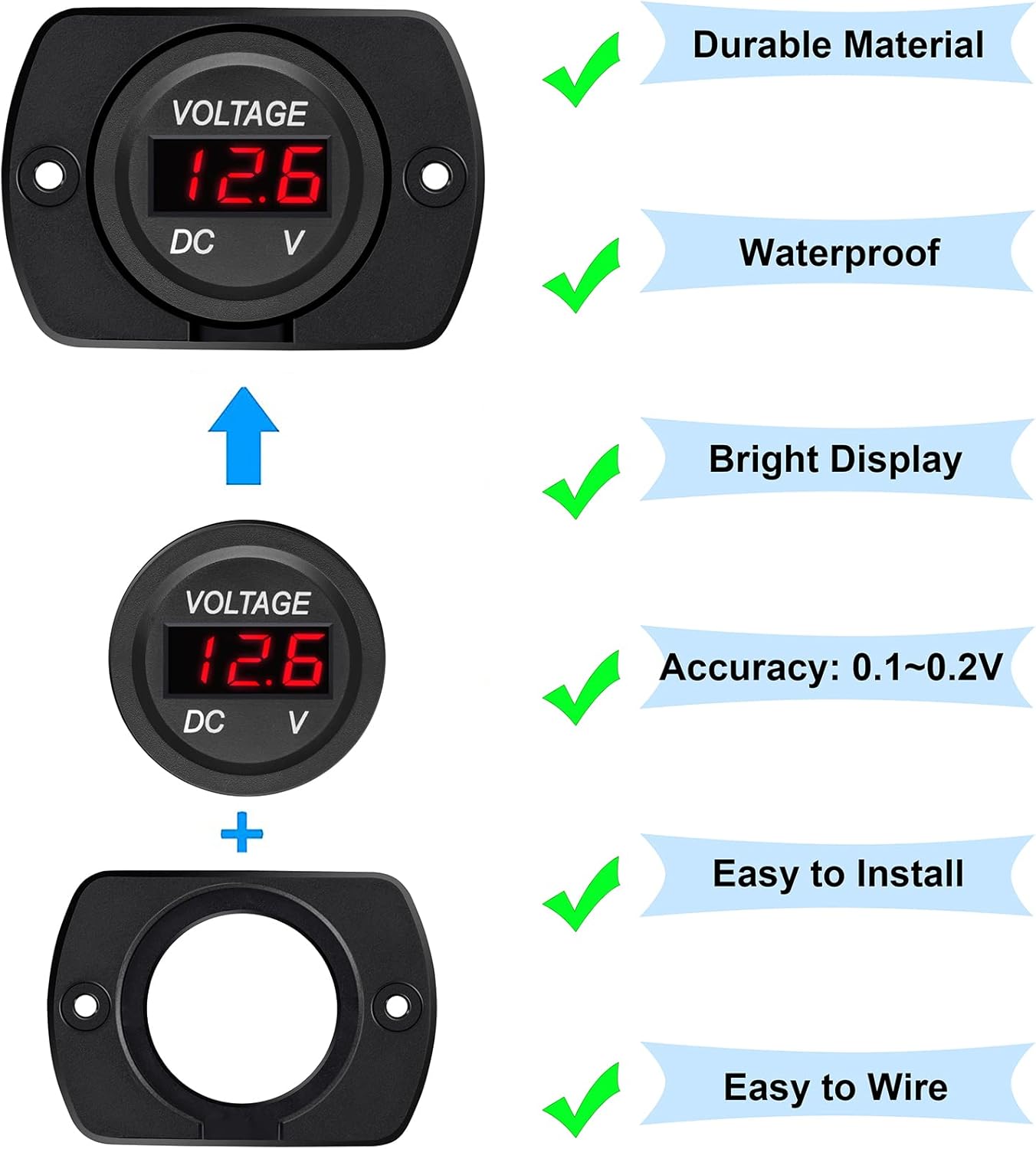 CrocSee Paquete de 2 voltímetros de automóvil CC de 12 V 24 V, impermeables, panel digital LED, medidor de voltaje redondo con terminales para