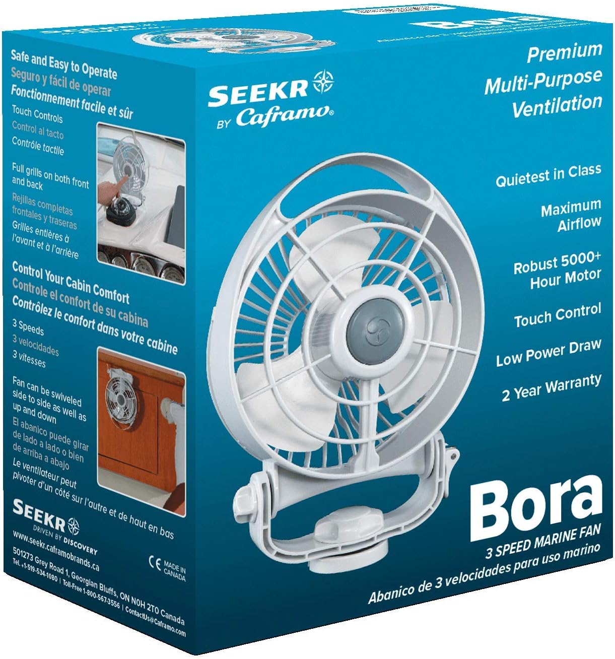 Ventilador Bora de Caframo, diseño compacto con potente flujo de aire, bajo consumo de potencia, 5000 horas de vida del motor, fabricado en Canadá,