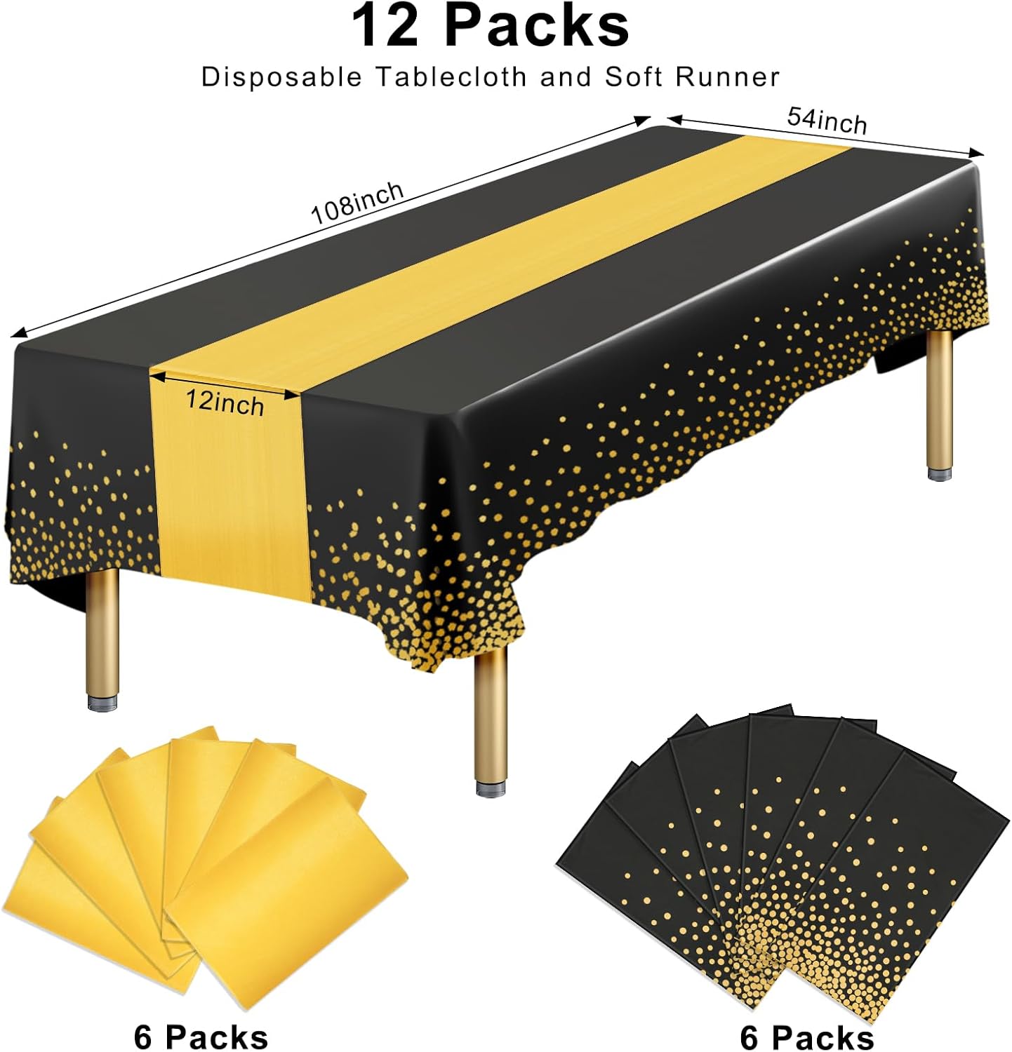 Paquete de 12 manteles rectangulares de plástico negro desechables y satinados, mantel rectangular negro y dorado para cumpleaños, aniversario,