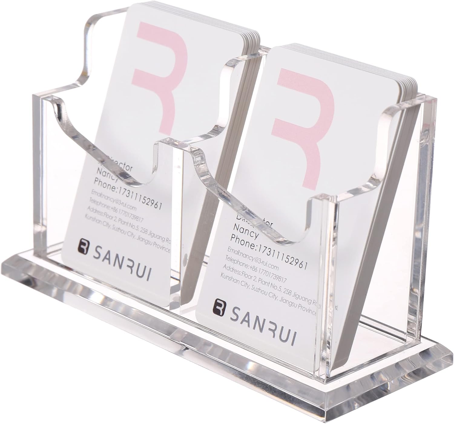 SANRUI Soporte vertical para tarjetas de visita para escritorio, soporte de acrílico transparente para tarjetas de presentación, 2 ranuras de 1