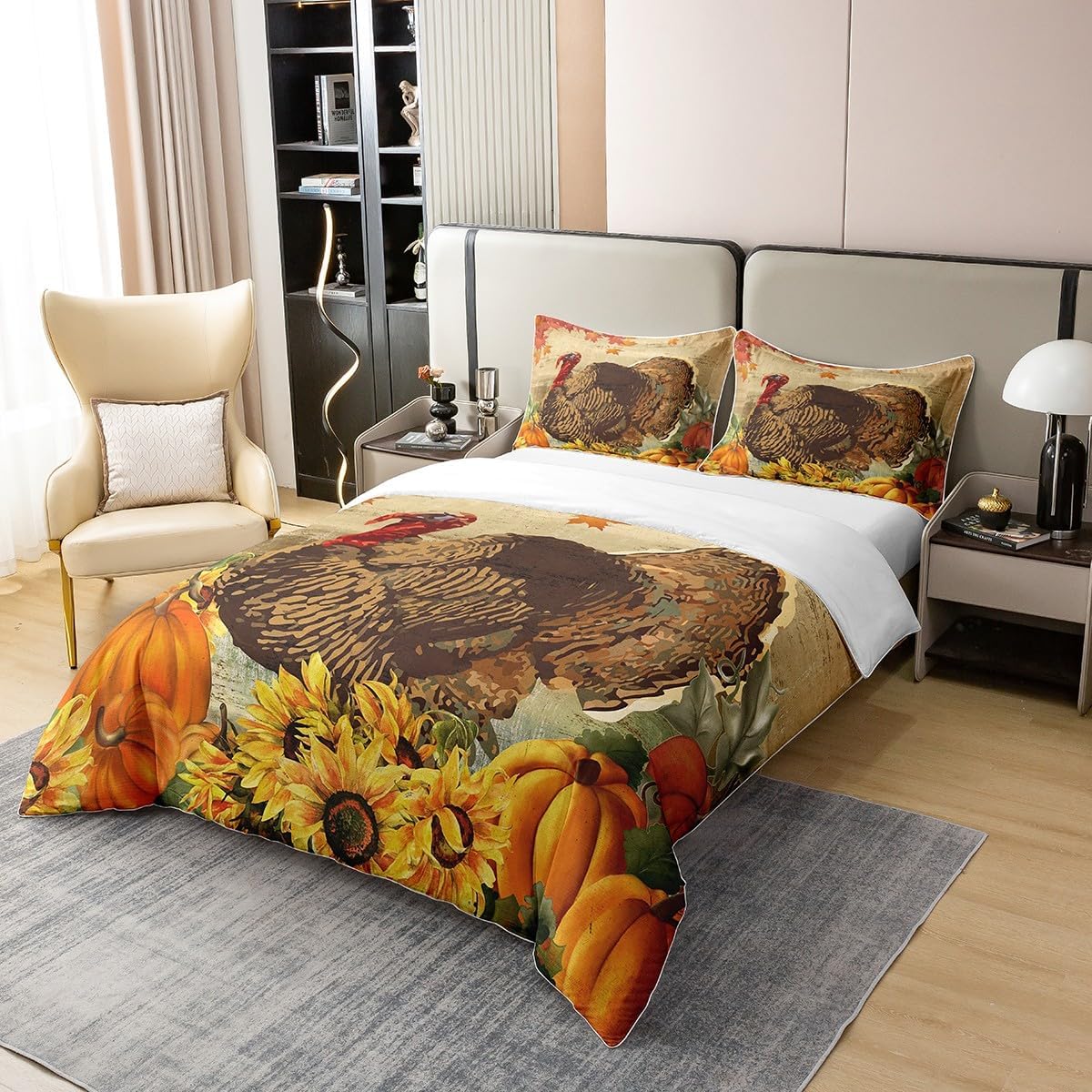 jejeloiu Juego de funda de edredón de otoño, 100% algodón, tamaño King, juego de ropa de cama de pavo para niños, niñas, adolescentes, juego de