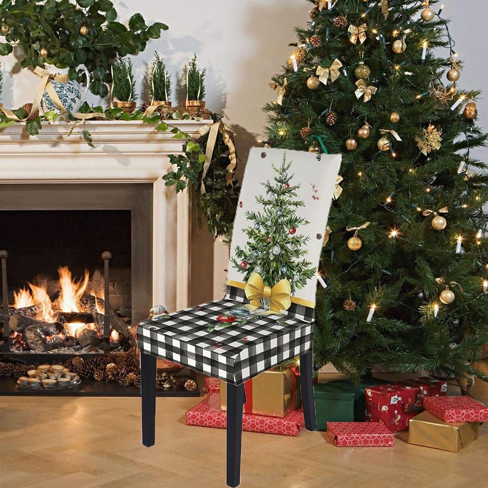 Juego de 6 fundas para sillas de Navidad, diseño de búfalo a cuadros, color blanco y negro, elástico, desmontable, lavable, decoración para sillas