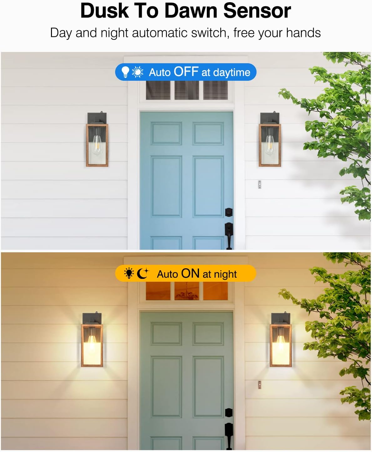 VIANIS Luces de pared del atardecer al amanecer, lámpara exterior de grano de madera, luz de garaje de vidrio transparente, aplique de luces