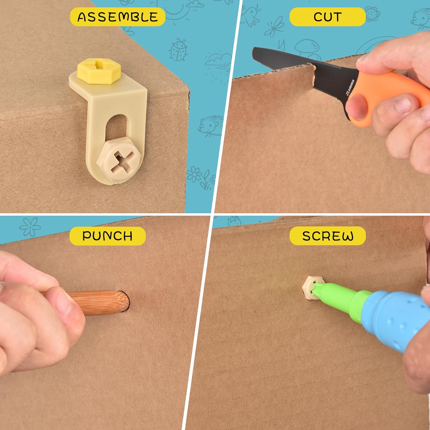 ZLemma Kit de herramientas de construcción de cartón, 163 piezas, juguetes educativos para jugar en casa + aprendizaje en el aula  Herramientas de