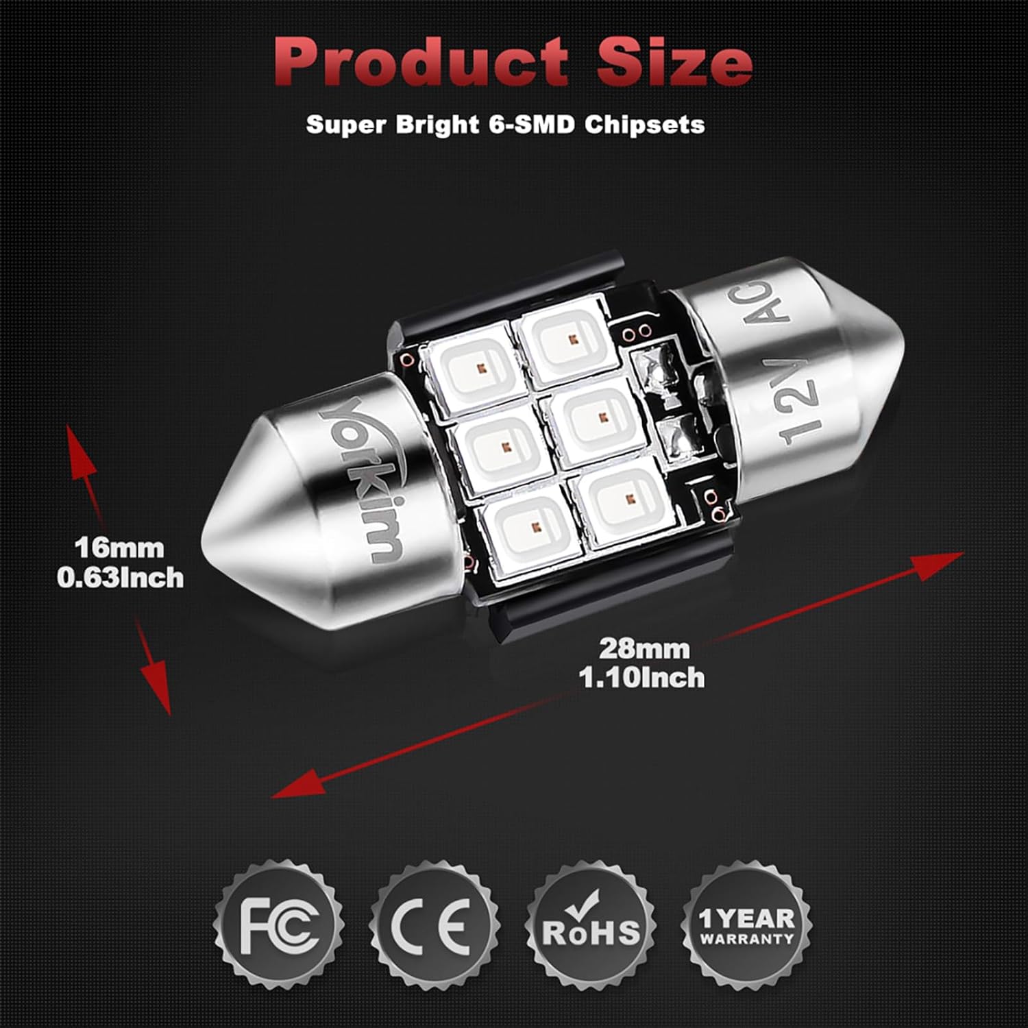 Yorkim Bombilla LED roja De3175 de 1.102 in y 1.142 in para luces interiores de coche, luces de cúpula de mapa, puerta de cortesía, luces de placa