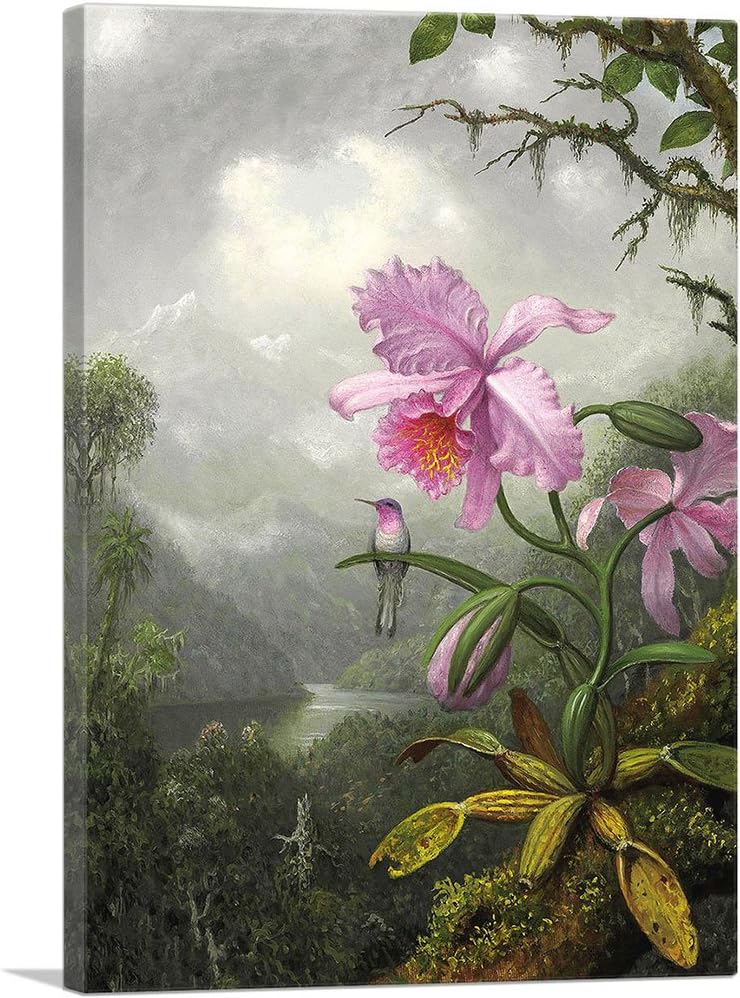 ARTCANVAS Martin Johnson Heade – Póster de colibrí encaramado en la planta de orquídea 1901, pintura enmarcada estirada, póster para decoración de