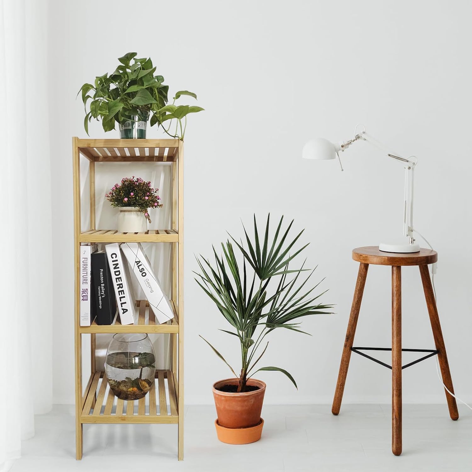 SIMEFUL 4-Tier Narrow Bathroom Shelf, Bamboo Corner Rack Book Shelving Unit, Plant Stand Wood Shelf, Multifunctional Storage Rack for Living Room,