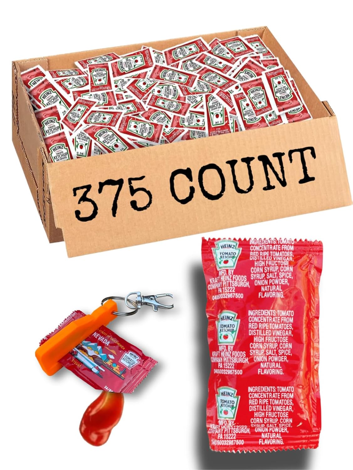 Heinz’s – Paquetes de salsa de tomate + llavero de apriete rápido  Bolsa de una sola porción para restaurantes, escuelas, fiestas  Caja de 375