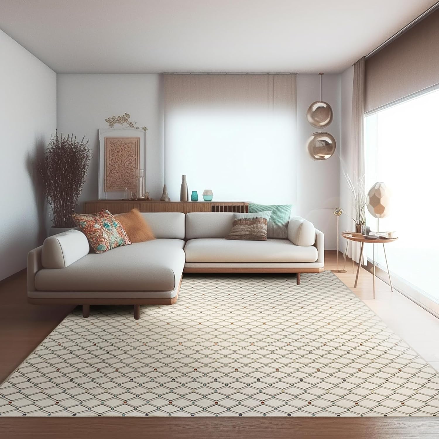 Matace Alfombra bohemia lavable, antideslizante, delgada, de felpilla, ligera, para sala de estar, dormitorio, baño, cocina (5 x 8 pies, crema)