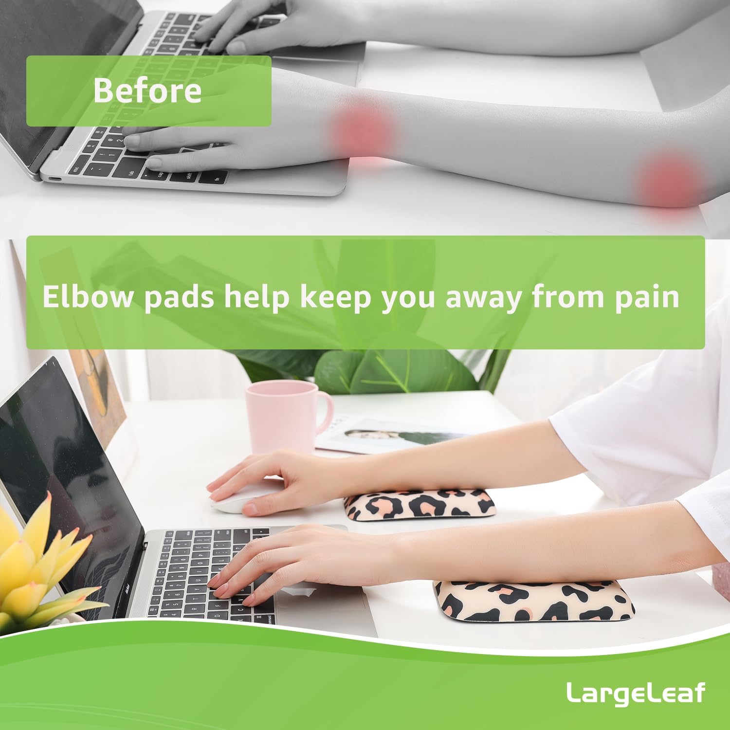 LargeLeaf Almohadilla ergonómica para reposamuñecas y codos para escritorio con espuma viscoelástica y base antideslizante, alivia el dolor de codo,