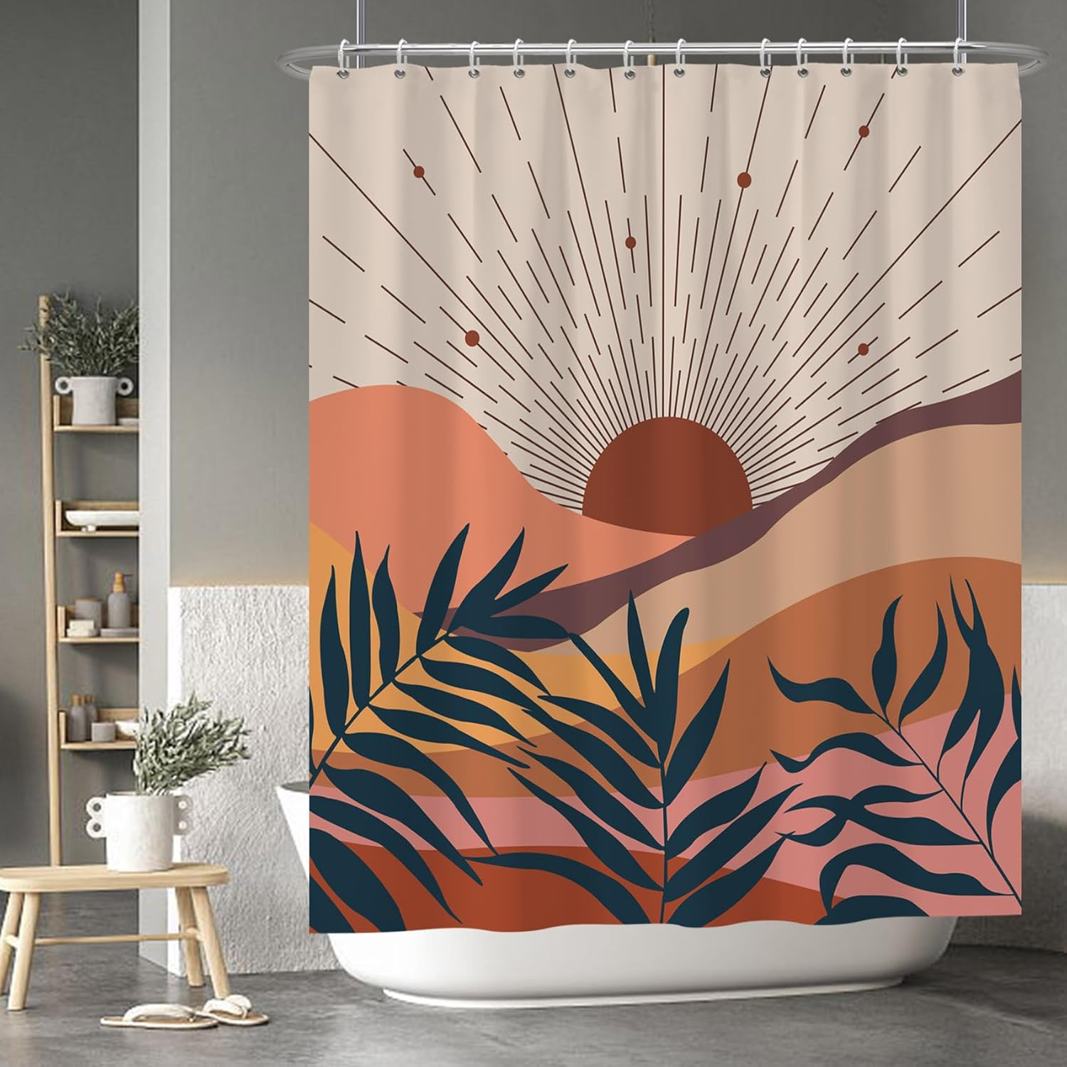 Baocicoo – Cortina de ducha de sol abstracta bohemia con salida del sol de mediados de siglo, cortina de ducha de montaña para baño, decoración