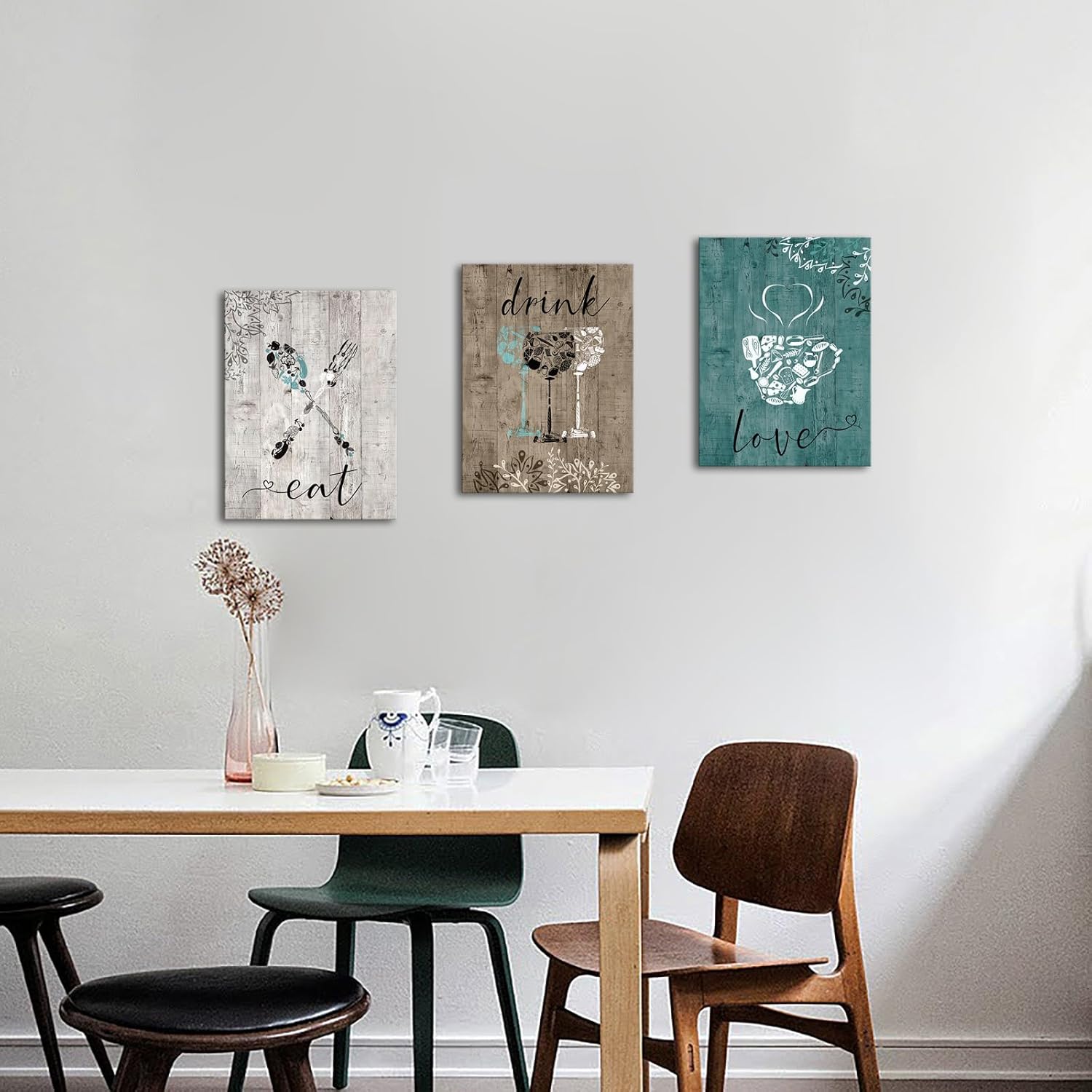 iKNOW FOTO Decoración vintage de cocina de 3 piezas, juego de arte de pared en lienzo con texto en inglés “Love Eat Drink”, accesorios de pared para