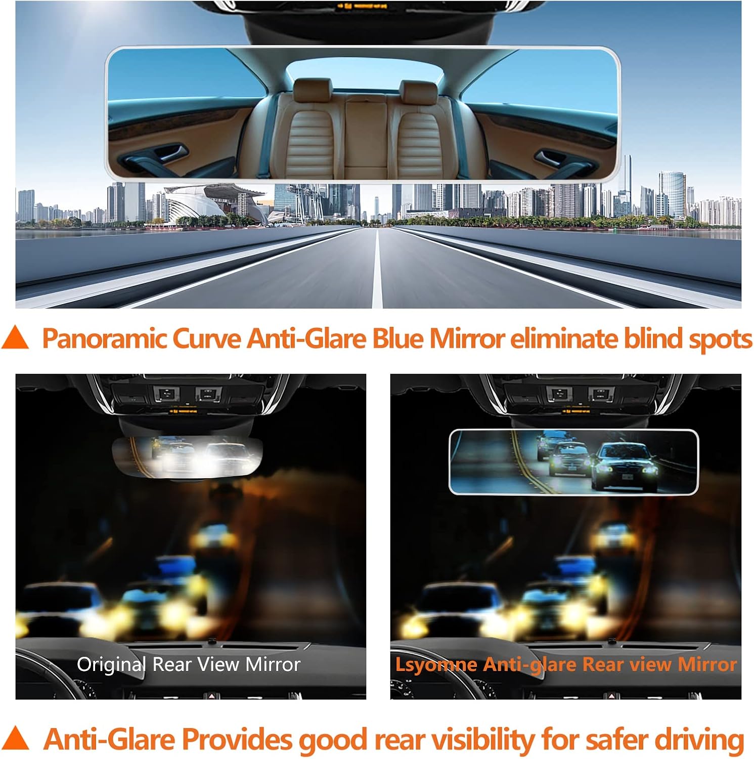 Espejo retrovisor de 11.8 pulgadas más grande antirreflejo para el interior del automóvil, espejo retrovisor panorámico gran angular convexo