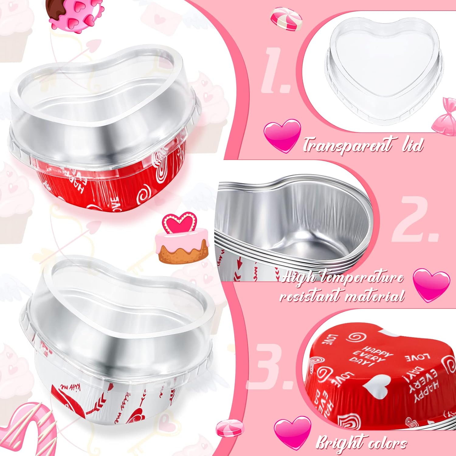 50 juegos de moldes para tartas en forma de corazón de San Valentín con tapas, de papel de aluminio, moldes para cupcakes de 3.4 onzas, mini moldes