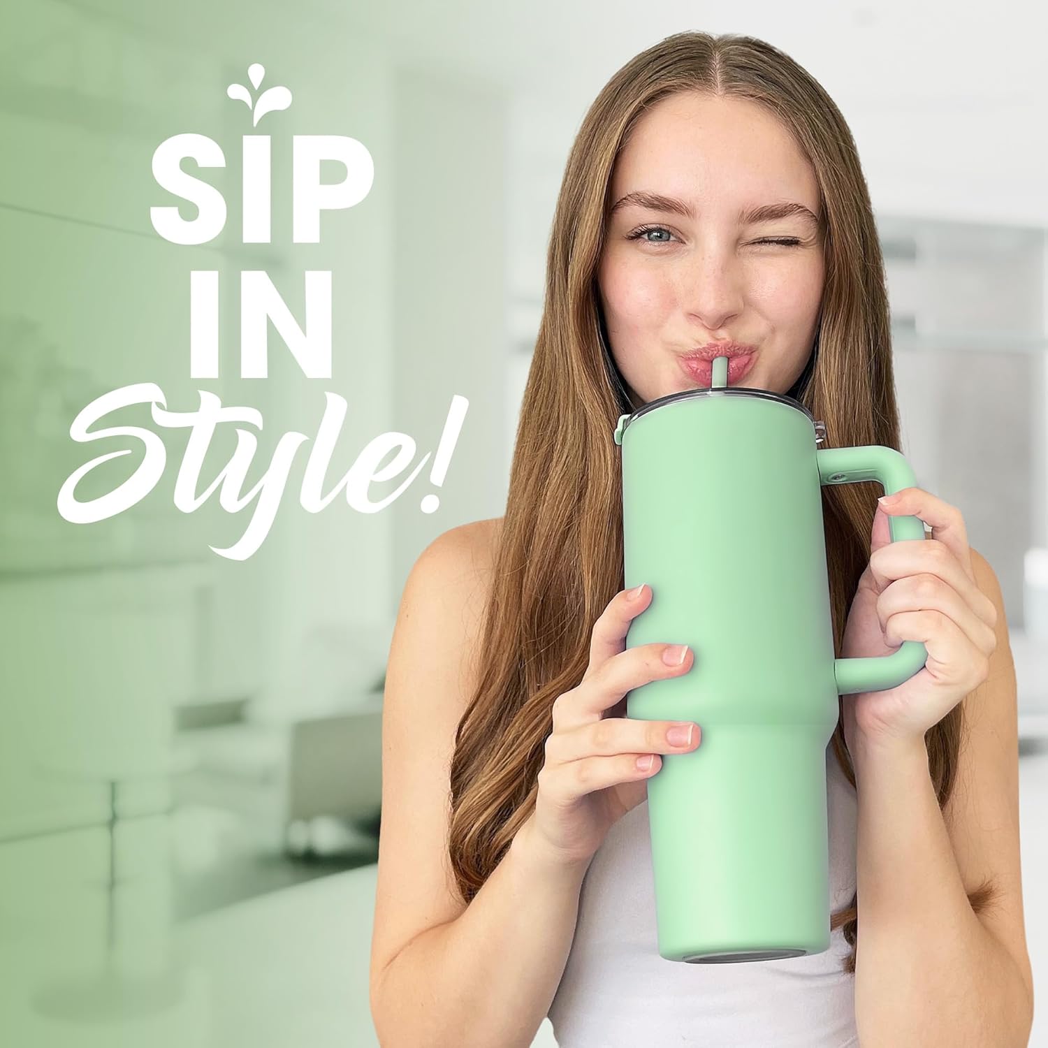 Vaso de 40 onzas con asa y tapa con pajilla, botella de agua aislada al vacío de doble pared, reutilizable, de acero inoxidable, taza de viaje, vaso