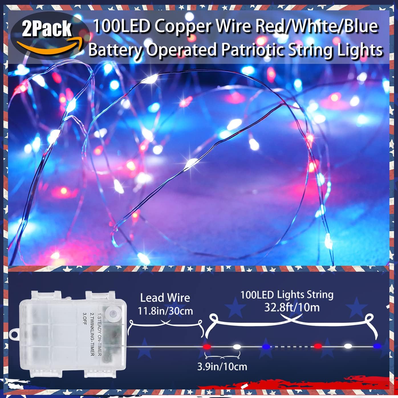 Yayfazy Guirnalda de luces decorativas para el 4 de julio para exterioresinteriores, 2 unidades cada una de 100 luces LED de cobre rojoblancoazul,