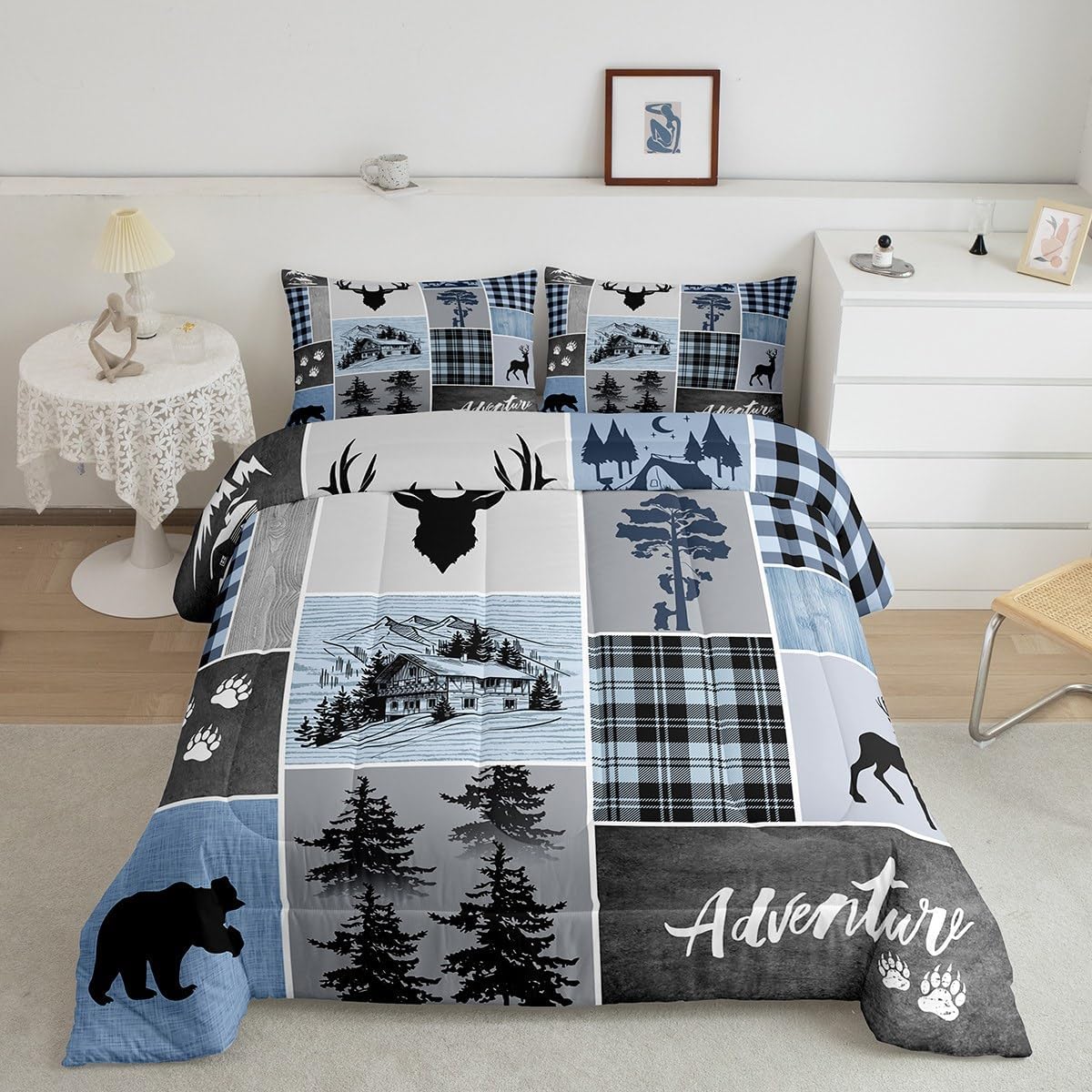 Manfei Juego de edredón de cornamenta de ciervo, tamaño Queen, juego de ropa de cama rústica de Navidad con patas de oso para decoración de
