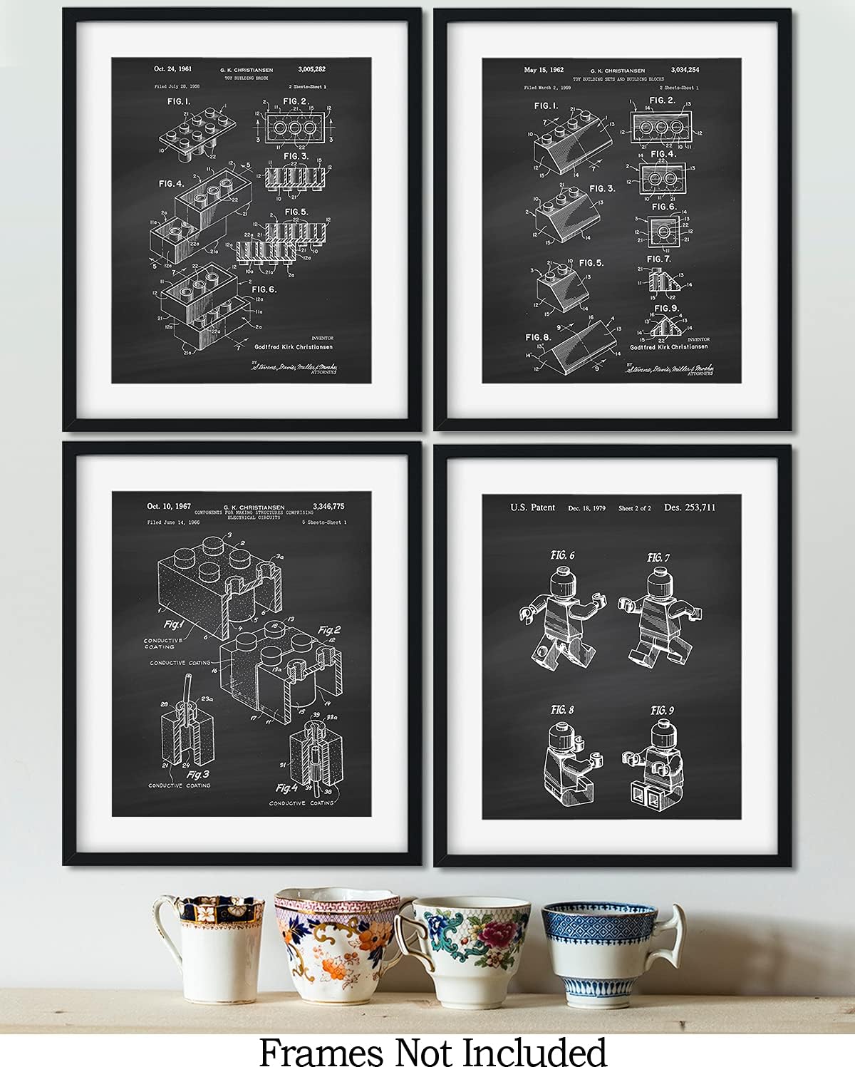 Govivo Legos Patent – Un conjunto de cuatro patentes de Lego – Impresiones decorativas de pared con fondos gris oscuro – ilustraciones sin marco