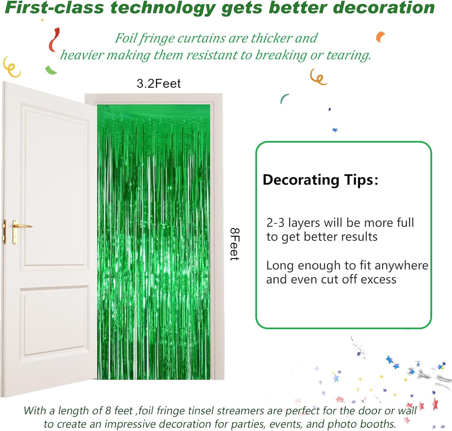 Decoración de fondo verde para fiestas, paquete de 3, 8 x 3.2 pies, decoración de cortina de flecos de papel de aluminio verde, perfecta para