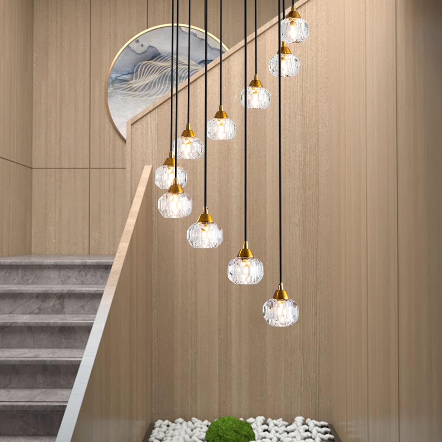 Maxax Candelabros de techo de cristal de 10 luces, lámpara colgante grande de gota de lluvia moderna de montaje empotrado, lámparas de techo de