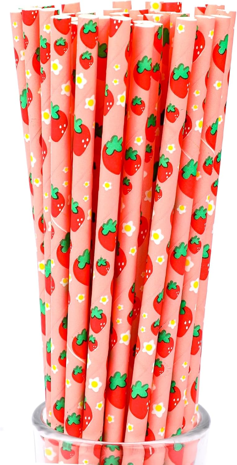 100 popotes de papel desechables para beber frutas, pajitas de fiesta de fresa, suministros de fiesta, pajitas de papel para suministros de fiesta