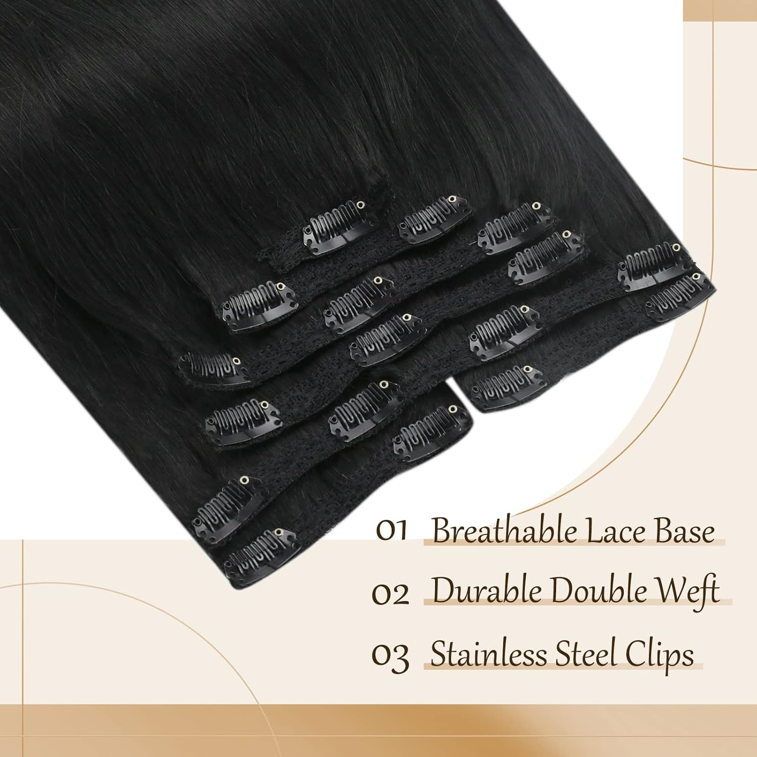 Sunny Hair – Extensiones de clip de cabello humano lacio para un aspecto natural, se mezclan muy bien con tu cabello, color negro – 18pulgadas,