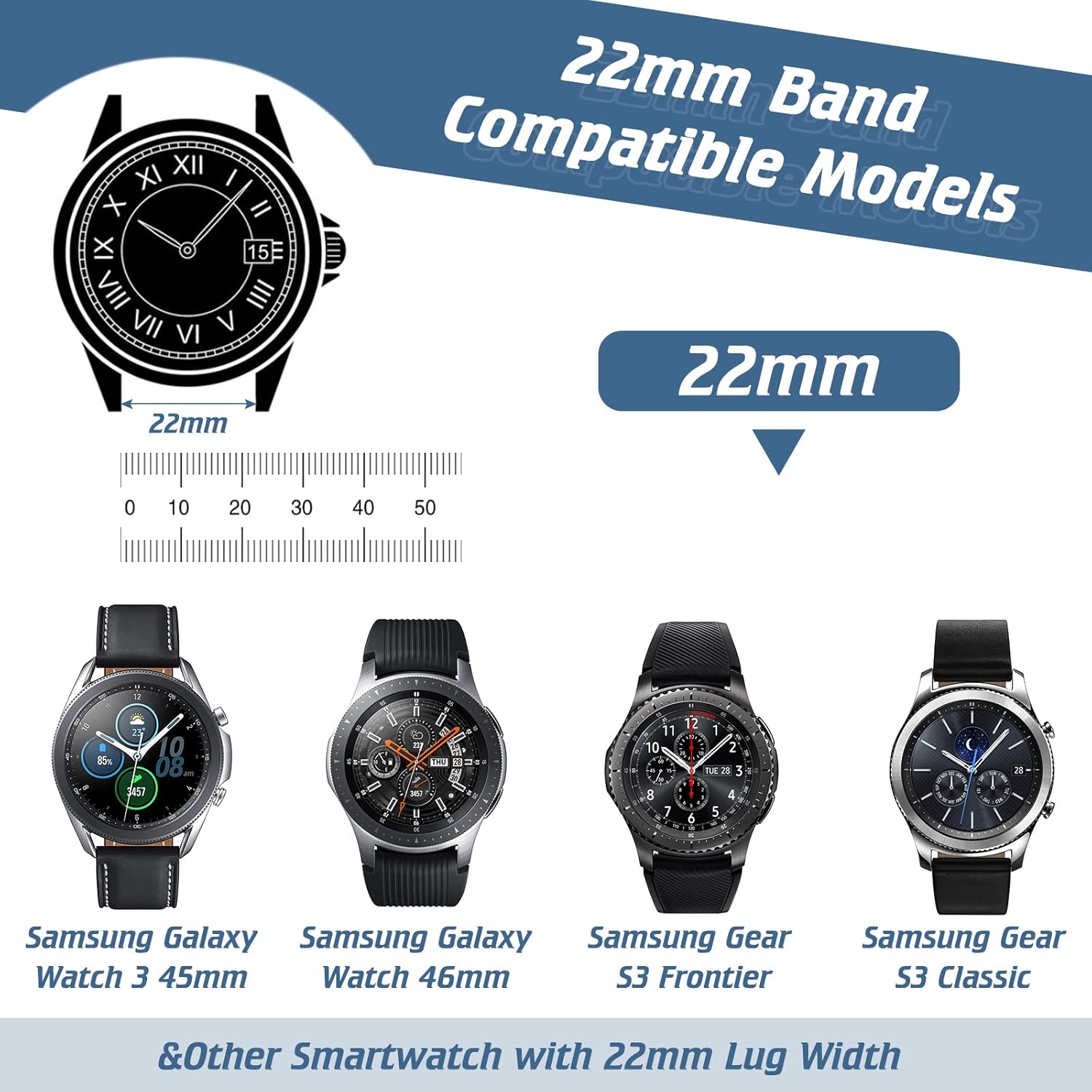 Correas de 0.866in compatibles con Samsung Galaxy Watch 3 de 1.772in, Galaxy Watch de 1.65 pulgadas, Gear S3 Frontier, correa elástica ajustable de