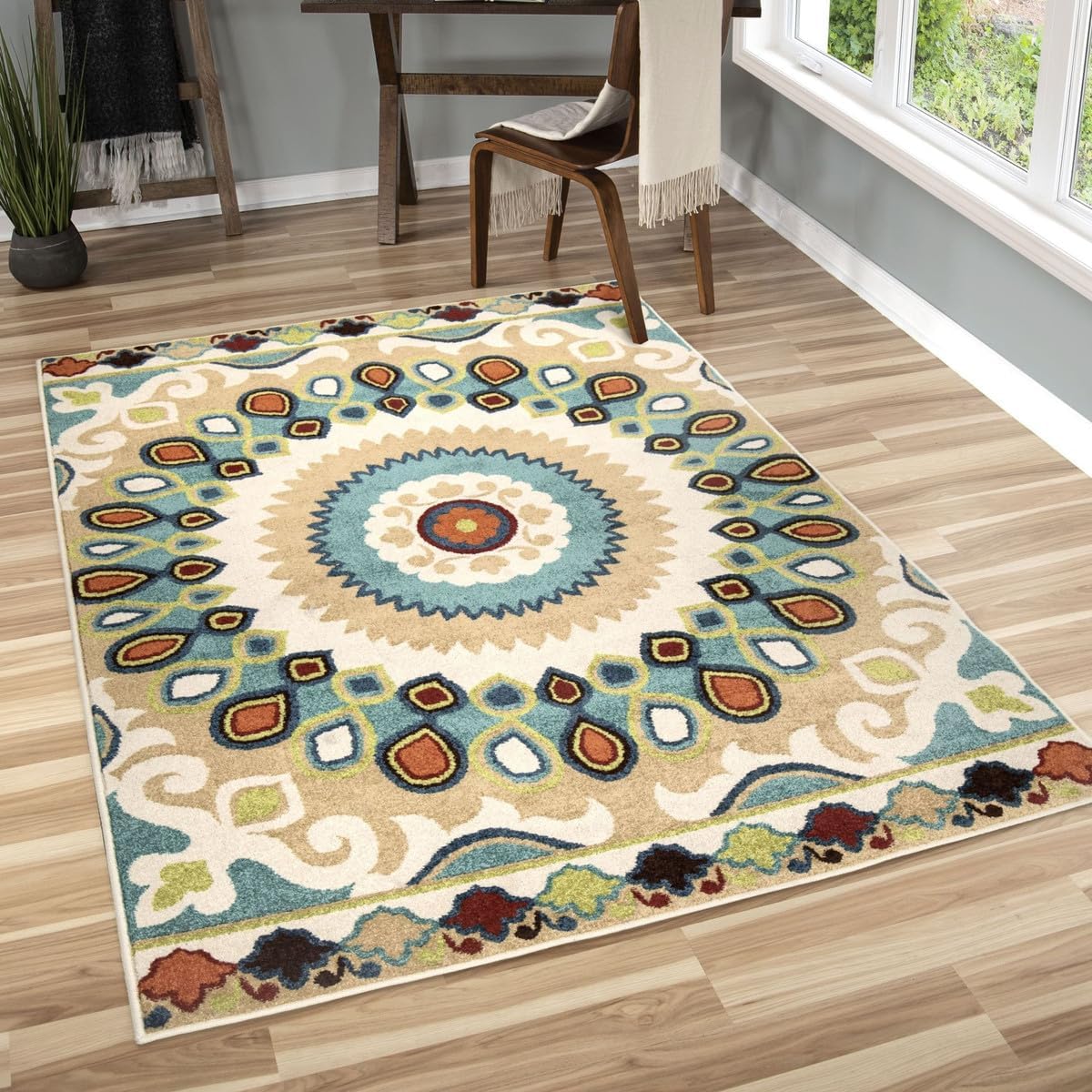 Alfombra de cachemira para exteriores, diseño tribal indio de cachemira alto-bajo, para interiores y exteriores, estilo bohemio, fácil de limpiar,