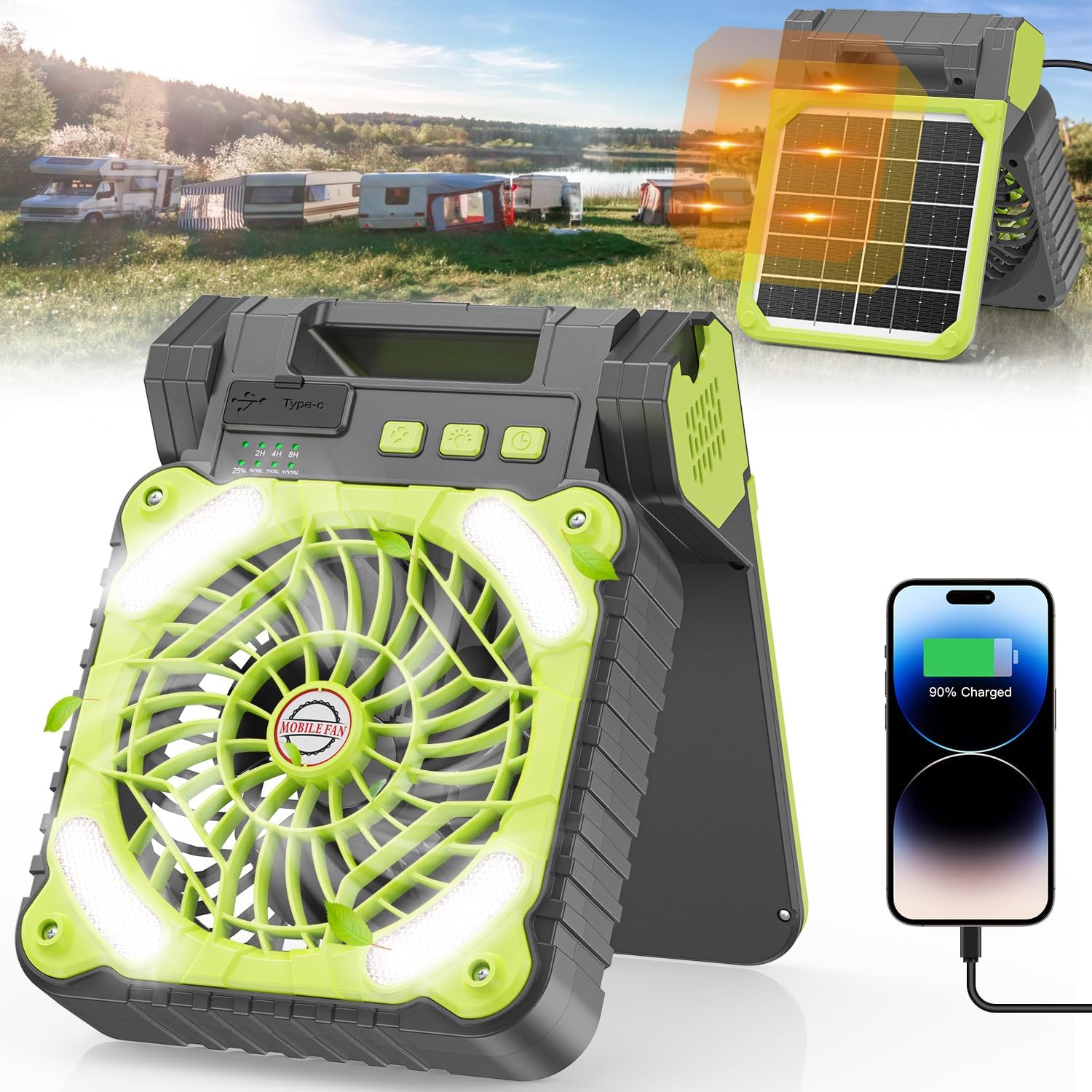 Ventilador solar portátil, ventilador de campamento recargable de 10400 mAh, 4 velocidades, 3 temporizadores y silencioso, ventilador a batería con